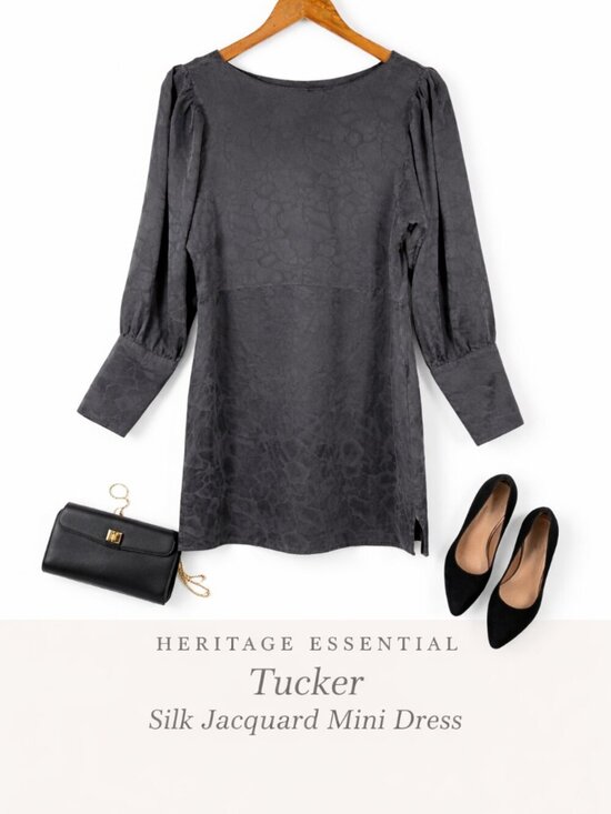 Tucker Dresses & Skirts - Tucker 100% Silk Charcoal Jacquard Mini Dress Puff Sleeve M